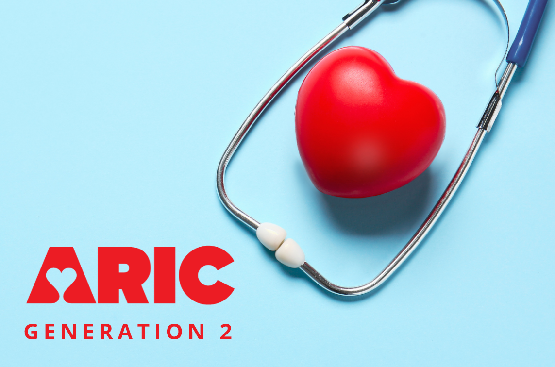 Ad for the Gen2 ARIC study with stethoscope on blue background
